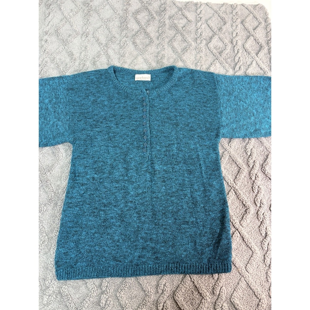 Vintage Garland Sweater Teal Blue Henley Knit Made in USA 80s 90s Women's"